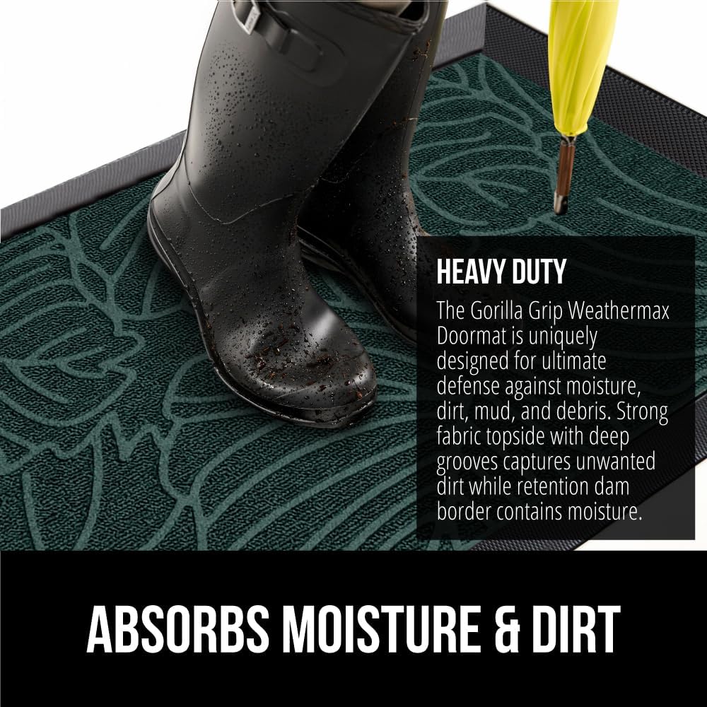 GORILLA GRIP 100% Waterproof All-Season WeatherMax Doormat, 34x58, US Designed Natural Rubber, Stain and Fade Resistant, Low Profile Indoor Outdoor Door Mats, Easy Clean Patio Mat, Green Palm