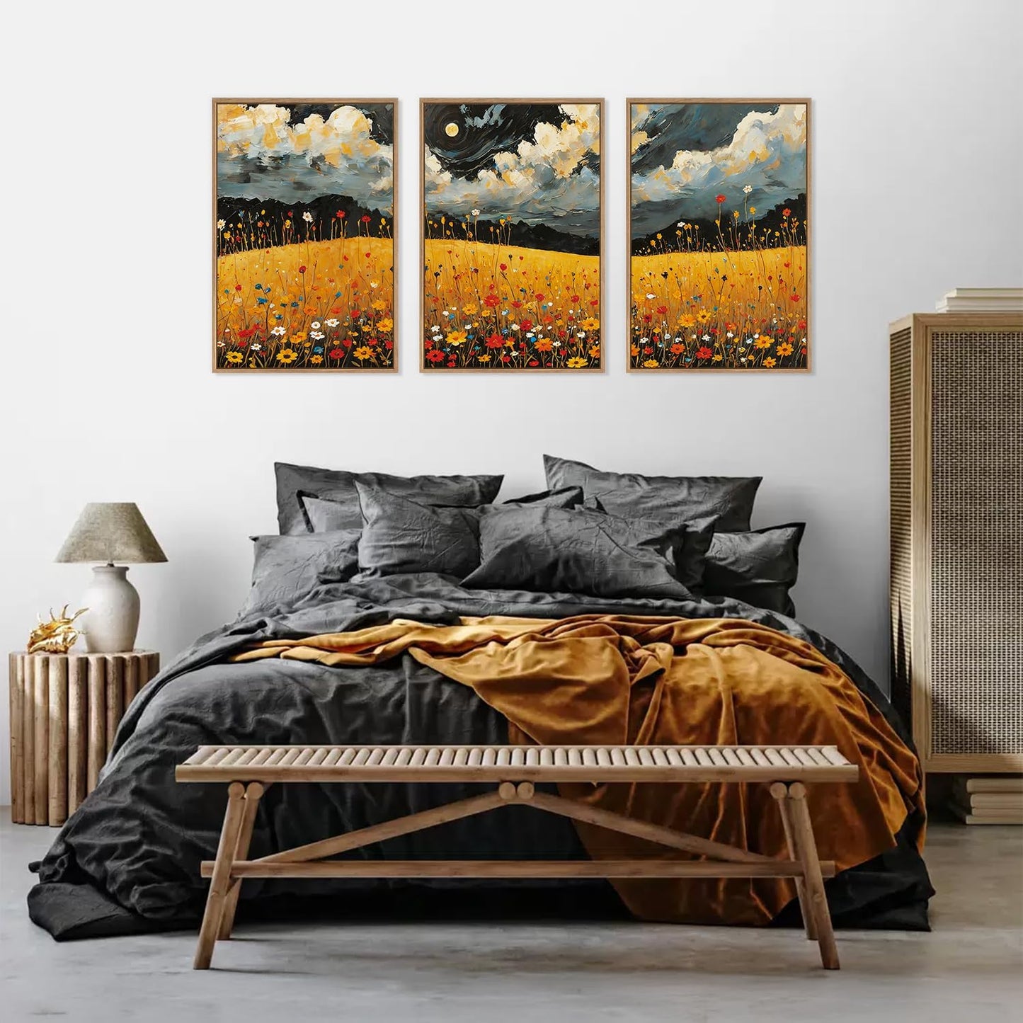 HLNIUC Mystical Moonlight Framed Wall Art Set,Night Moon Wildflower Canvas Wall Decor,Full Moon Mountain Flower Art Print,Large Golden Floral Landscape Wall Painting for Living Room,Office - 16”x24”x3