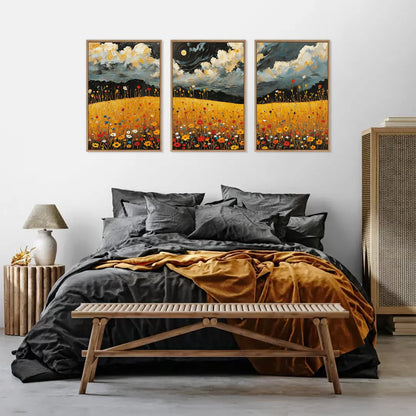 HLNIUC Mystical Moonlight Framed Wall Art Set,Night Moon Wildflower Canvas Wall Decor,Full Moon Mountain Flower Art Print,Large Golden Floral Landscape Wall Painting for Living Room,Office - 16”x24”x3