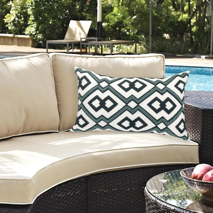 Alysheer Embroidered Lumbar Decorative Throw Pillow Cover 12"x 20", Classic Boho Geometric Embroidery Pattern Cotton Rectangular Cushion Case for Sofa Couch Living Room Bedroom (Navy Aqua)