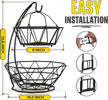 Fruit Basket with Banana Hanger and Fruit Bowl. Kitchen Counter Fruit Bowl with Banana Holder used as Bread, Vegetable or Produce Basket, Egg Holder, 2 Tier