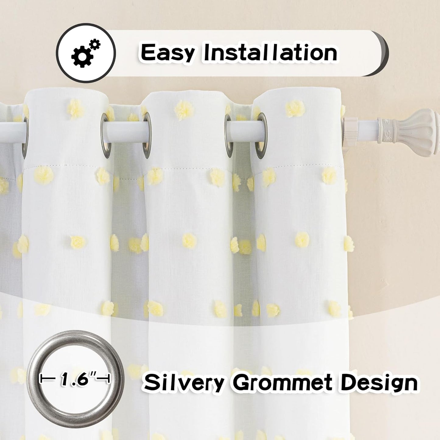 MYSKY HOME 100% Blackout Curtains for Nursery Thermal Insulated Yellow Pom Pom Curtains 63 Inch Length for Girls Bedroom 2 Panels Grommet White Sheer Curtains for Kitchen Dining Room, 52W x 63L