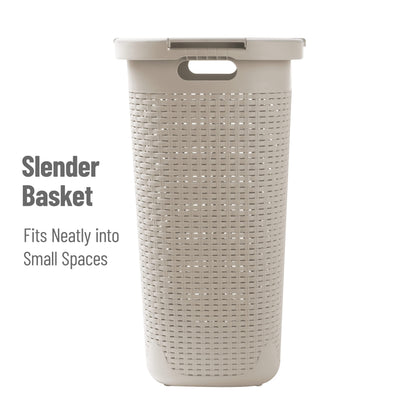 Mind Reader Slim Laundry Hamper with Lid, 60L Tall Clothes Basket, Narrow Tapered Design for