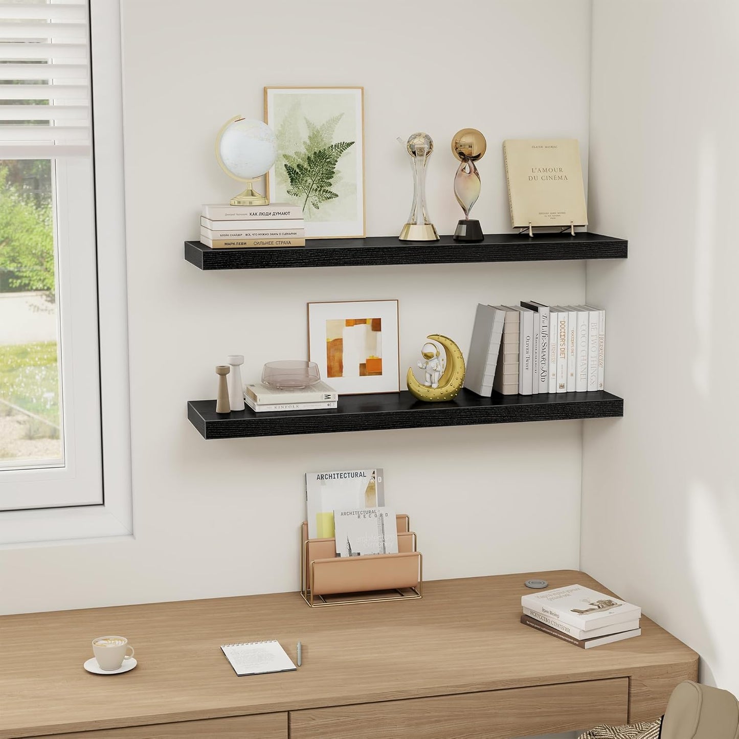 Fun Memories Black Floating Shelves 36 Inch Long, Rustic Farmhouse Bathroom Shelves Over Toliet, 36 x 8 Inch Floating Shelves for Wall, Deep Wall Shelf for Living Room, Kitchen, Bedroom, Set of 2