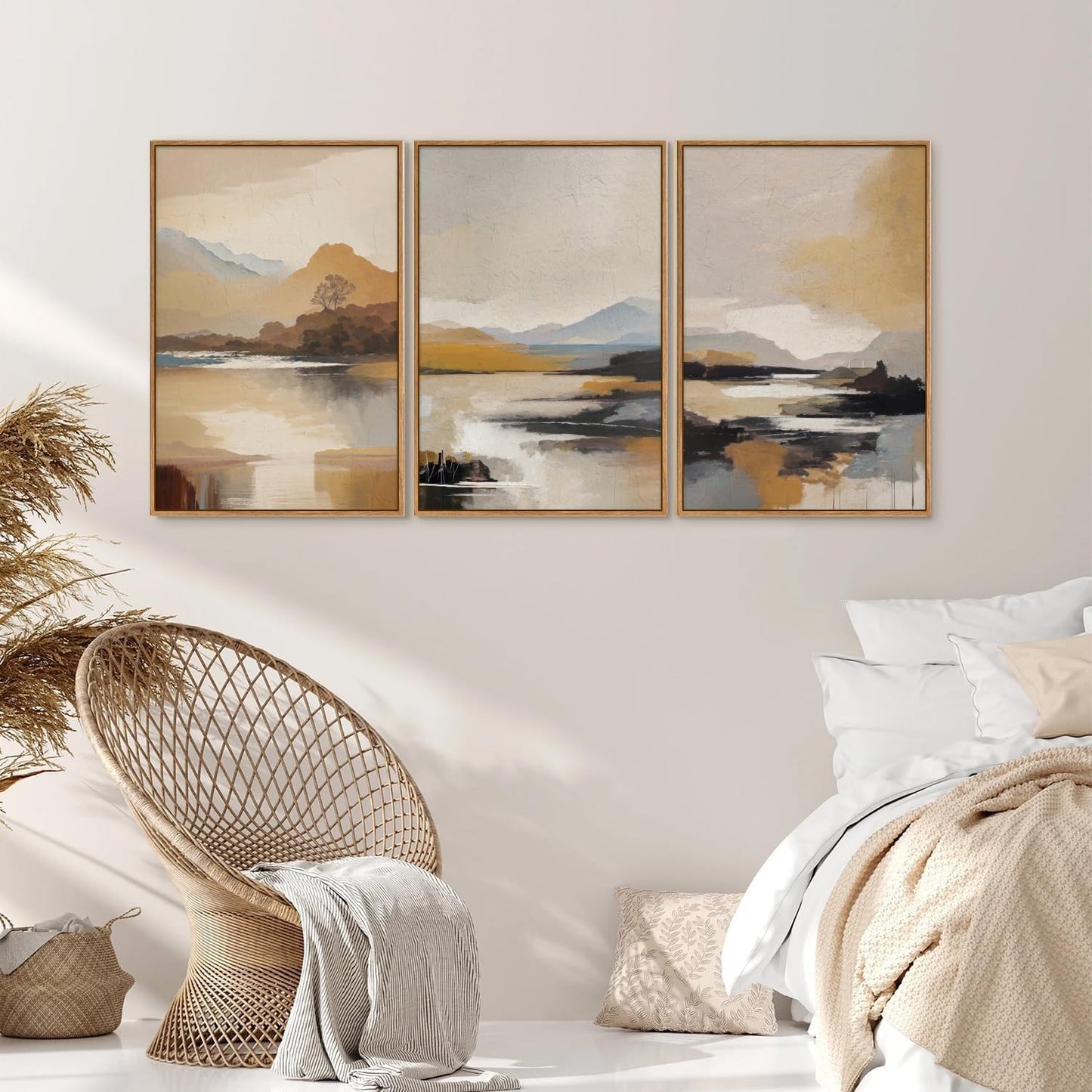 Tinonedraw Beige Mountain Landscape Framed Canvas Wall Art, Abstract Mid Century Modern Wall Decor, Golden Hour Lake Artwork, Neutral Nature Scenery Art Printing for Living Room Bedroom Office 16"x24"x3