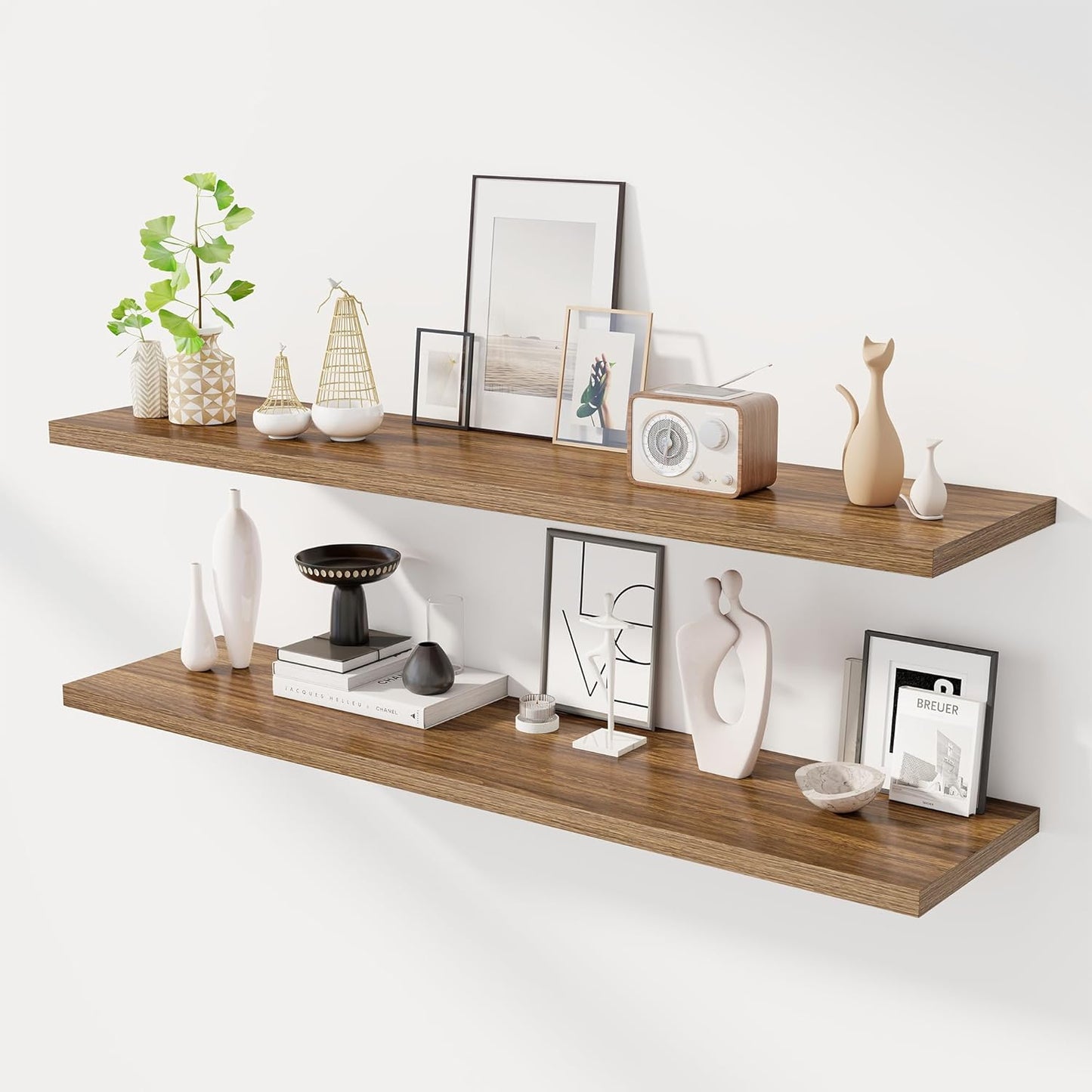 55" Floating Shelves for Wall, 12" Deep Slim Walnut Floating Shelves, Wall-Mounted Shelves for Bedroom, Living Room, Kitchen, Bathroom - Set of 2