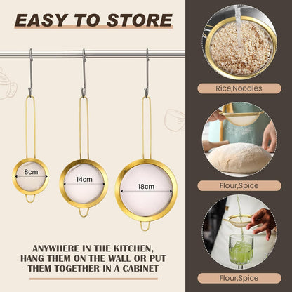 Norme 7 Quart Stainless Steel Gold Colander and 3 Pcs Gold Fine Mesh Strainer, Stainless Steel Pasta Rice Food Metal Strainer with Handles, Easy Clean and Dishwasher Safe
