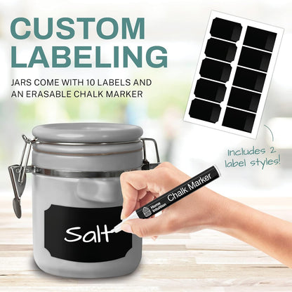 Home Intuition 4-Piece Ceramic Kitchen Canisters Set, Airtight Containers with Wooden Spoons Reusable Chalk Labels and Marker for Sugar, Coffee, Flour, Tea (Grey)