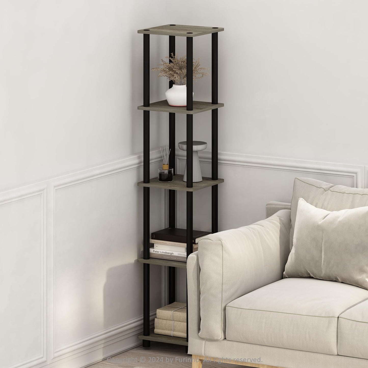 FURINNO Turn-N-Tube 5-Tier Corner Square Rack Display Shelf, Round, French Oak Grey/Black