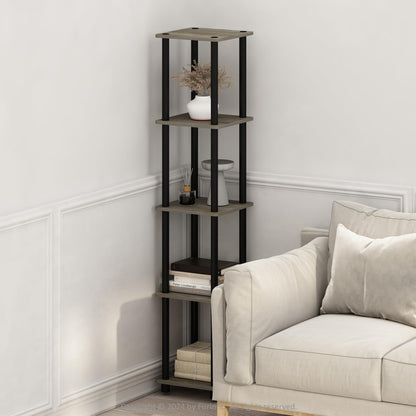 FURINNO Turn-N-Tube 5-Tier Corner Square Rack Display Shelf, Round, French Oak Grey/Black