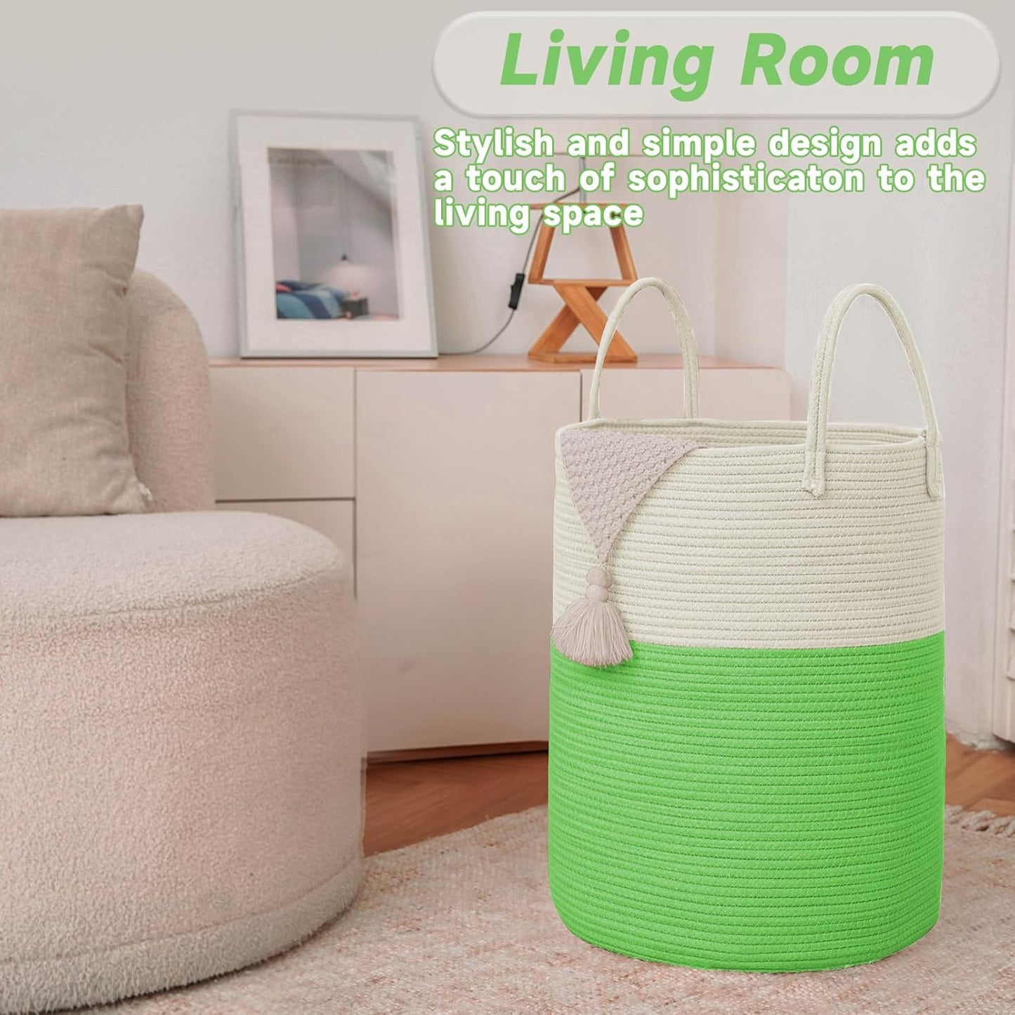 Large Woven Laundry Basket Hamper,100L Cotton Rope Storage Bin for Blankets,Toys and Clothes,Decorative Tall Nursery Hamper for Living Room,Baby Nursery,Bathroom and Bedroom,Light Green