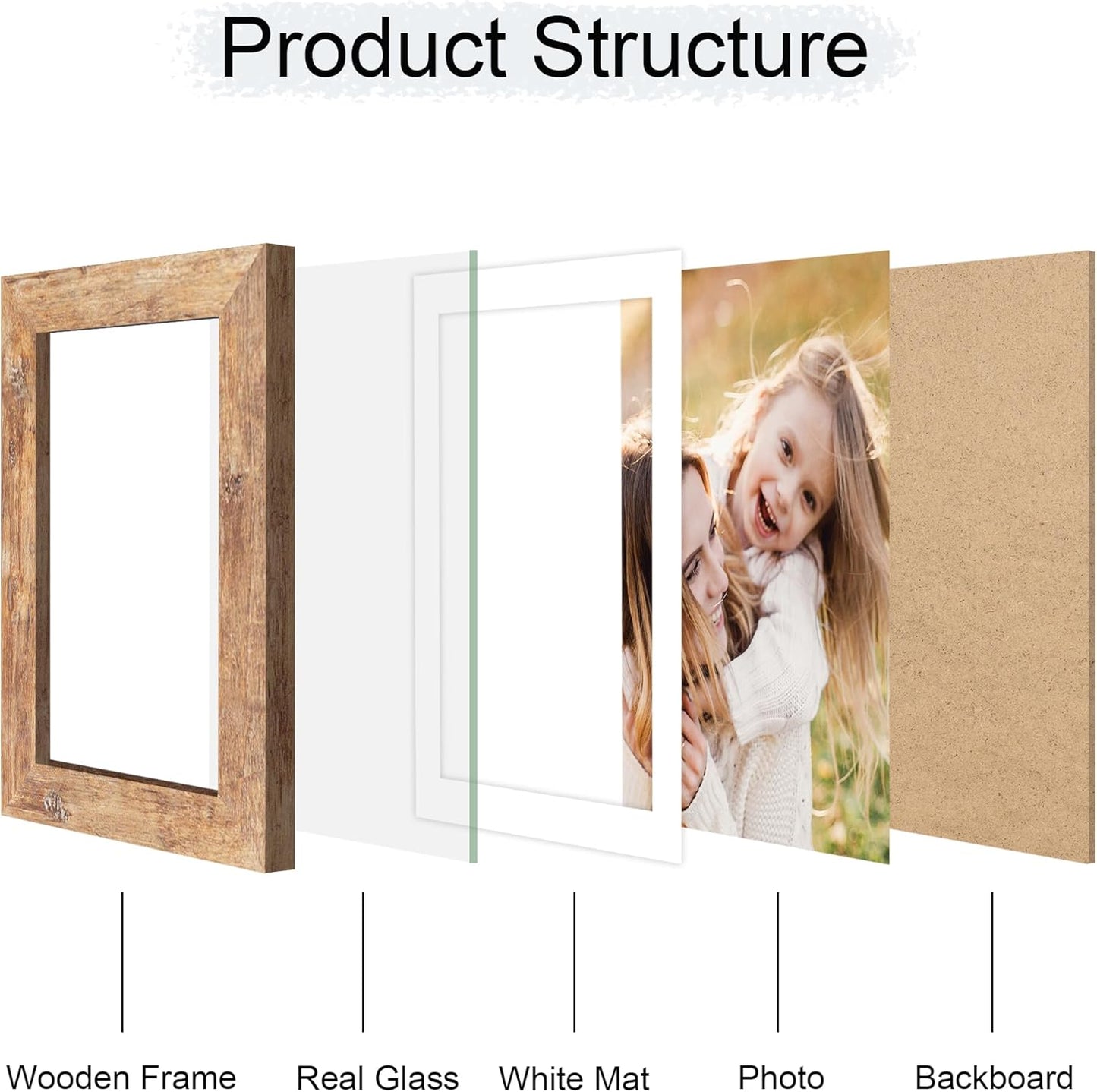 4x6 Picture Frame Set of 4, 4 x 6 Wood Photo Frames with Mat for 3.5x5, Natural Wooden Frame with Real Glass Cover for Wall and Tabletop Display,Brown