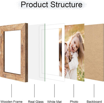 5x7 Picture Frame Set of 4, 5 x 7 Wood Photo Frames with Mat for 4x6, Natural Wooden Frame with Real Glass Cover for Wall and Tabletop Display,Brown