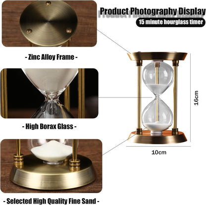 Sand Timer 15 Minutes,Hour Glass,Metal Vintage Hourglass,Hourglass Decor,for Home Decoration Office Desk Wedding Party Decor Kitchen Timer (White Sand)