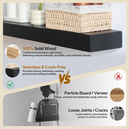 Floating Shelves 3 inch Thick for Wall Set of 2,Solid Pine Wood Wall Mount Shelf for Kitchen Living Room Bedroom Bathroom,8" D x 60" L x 3" H-Black