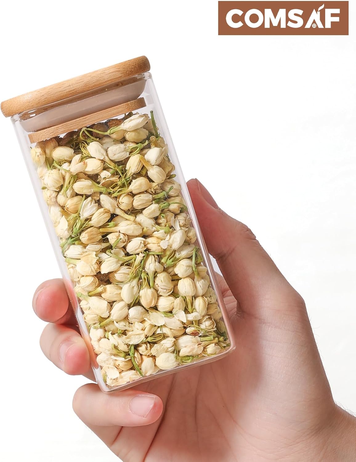 ComSaf 12Pcs Glass Spice Jars with Bamboo Lid, 10oz Airtight Square Containers with 275 Black Lables, Empty Seasoning Jars for Spice Salt Sugar