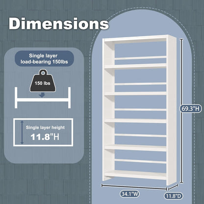 69" Tall Bookcase, 5-Tier Wide Bookshelf, Library Book Case with Display Shelf, Lightweight Metal Bookshelves, Industrial Book Shelf for Home, Office, Library, and School (White)