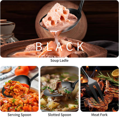 304 Stainlss Steel Matte Kitchen Utensils Set, 12 Pcs Long Metal Cooking Utensil Gadgets Tools Set with Spatula, Ladle, Spoon, Ladle, Skimmer, Tunner, Pasta Server, Tongs(Black, Dishwasher Safe)