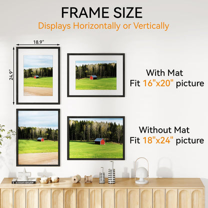 IBUYKE 18x24 Picture Frame,Solid Oak Wood 18x24 Photo Frame with Mat to 16x20,18x24 Picture Frames With Tempered Glass,Wall Mount Display,Home Decor,Black Oak 24 x 18 Frame,UWPF1824B