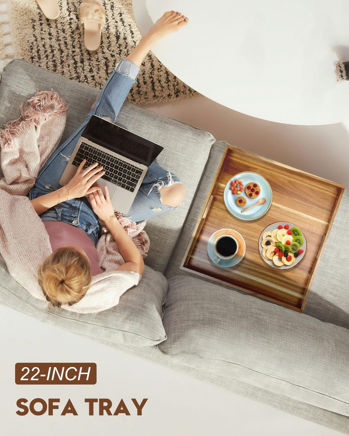 22 Inches Square Acacia Wood Ottoman Tray, Extra Large Wooden Serving Tray with Handles for Living Room, Serving Food Breakfast, Ottoman Coffee Table Couch Sofa Kitchen