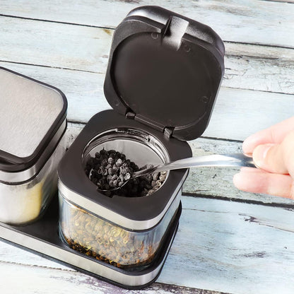 XIUDI Condiment Seal Jar Spice Container with Lids and Spoons，Clear Glass Condiment Canisters Pots Seasoning Box Salt Container Sugar Bowl Set of .Used in Kitchen, Coffee Table,Set of 3