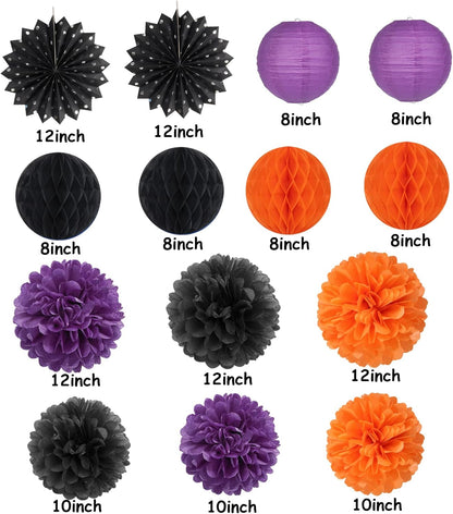 Black Orange Purple Halloween Party-Decorations - 14pcs Kits Paper Lanterns Fan,Tissue Flower Pom Poms Streamers,Honeycomb Balls,Graduation Birthday Wedding Baby Bridal Shower Decor Lasting Surprise