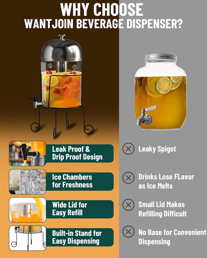 Wantjoin Beverage Dispenser With Stand - 2 Gallon Drink Dispenser With Stand Juice Dispensers For Parties, Ice Core, Spigot, Visible Container For Lemonade, Cocktail, Sangria, Punch, Events, Buffet