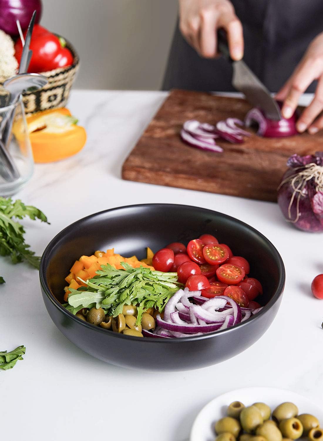 LE TAUCI Pasta Bowls 45 oz, Salad Bowls Set for Serving Soup, Pasta, Noodle, Dinner, Large Kitchen Bowl Plates, Microwave Safe - 8.5 Inch, Set of 4, Matte Black