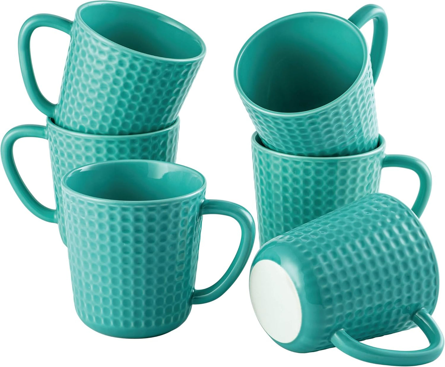 Ceramic Coffee Mugs 15 oz, Large Waffle Embossed Mug Set with Handle, Unique Coffee Cups for Latte, Cappuccino, Cocoa, Hot Tea, Mocha, Milk, Housewarming Wedding Present - Set of 6 (Turquoise)