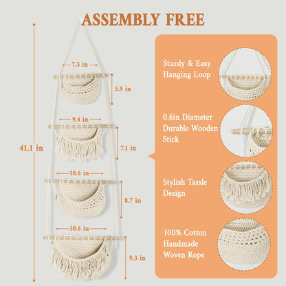 4 Tier Hanging Fruit Basket for Kitchen, Beige Boho Cotton Rope Crocheted Fruit Holder for Bathroom Bedroom, Detachable Wall Hanging Basket Shelves Over Door Organizer for Fruits Veggie Plant Decor