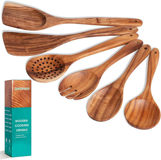 Wooden Spoons for Cooking 6 Piece - Natural Teak Wood Kitchen Utensils Set - Smooth Finish Soft