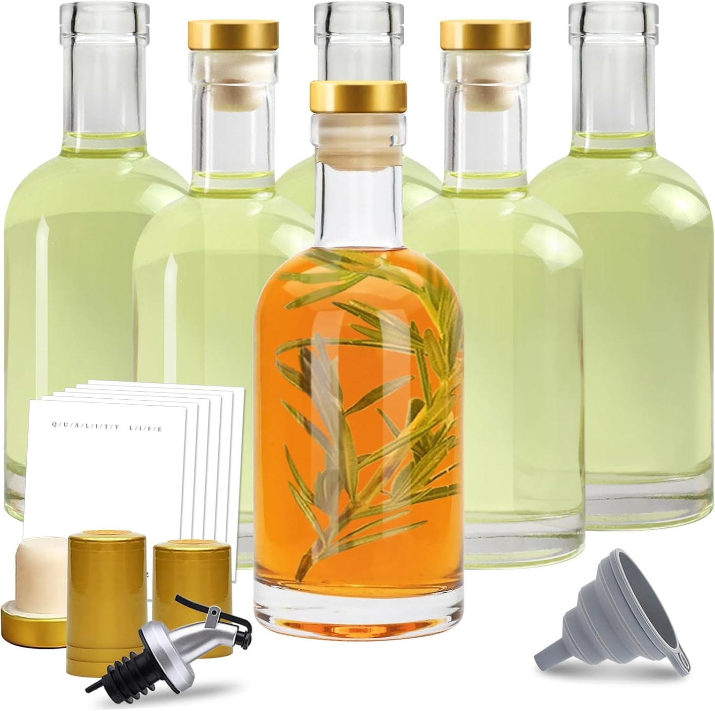 Olive Oil Dispenser Bottle for Kitchen, Clear Glass Oil and Vinegar Dispenser Set, Coffee Syrup Dispenser, Container With Metal Pour Spout, Airtight Lid, Funnel, Waterproof Labels (200ml-6 Pack)