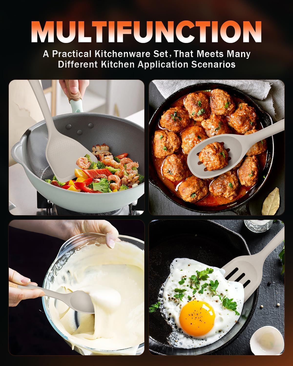 Silicone Cooking Utensils Set, Perfectly Angled for Frying, Mixing,Serving,Draining,Turning and Stirring, BPA-Free Matte Silicone, Wood Handles, Safe for Nonstick Cooking Surfaces,4 Pack (Khaki)