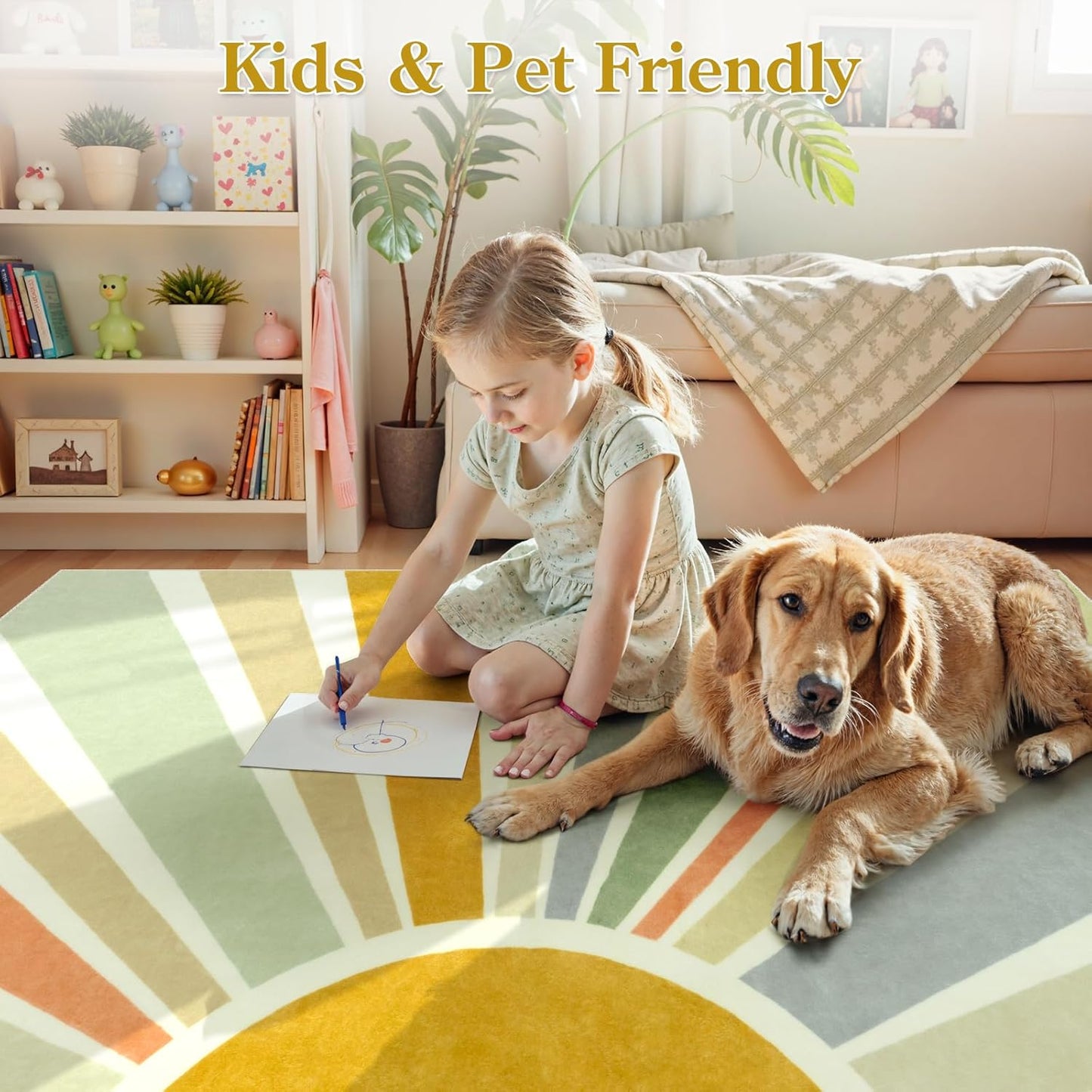 STARUIA Boho Machine Washable 6x9 Area Rugs for Living Room, Soft Non-Slip Large Sun Rainbow Nursery Kids Rug for Bedroom, Colorful Throw Rug Carpet for Classroom Office Dining Room(Monet,6'x9')