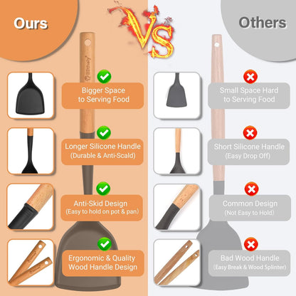 Silicone Cooking Utensils Set, 6 Pack Large Kitchen Utensils Set with Wooden Handle, Heat Resistant Silicone Utensil Spatula Set for Nonstick Cookware, Spatula, Turner, Spoon, Ladle BPA Free (Black)