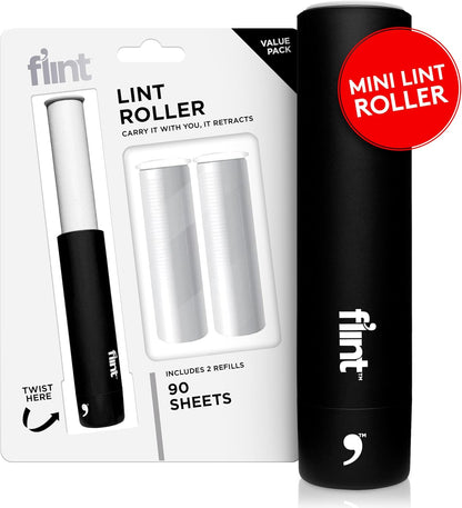 Flint Classic Black Retractable Mini Lint Roller with 90 Extra Sticky Sheets, Small and Portable Lint Roller, Ideal Pet Hair Remover, Travel Lint Rollers for pet Hair Extra Sticky
