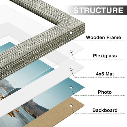 Vittanly 6x8 Picture Frames Set of 9, Shatter Resistant Plexiglass, Display 4x6 Pictures with Mat or 6x8 without Mat, Photo Frames for Wall or Tabletop, Engineered Wood, Grey
