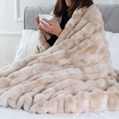 BATTILO HOME Ruched Luxurious Soft Beige Faux Fur Throw Blanket Fuzzy Plush Elegant with Reversible Mink Blanket for Sofa,Chair, Couch, Living Room, Home Decorative Blanket Tie dye (Beige, 50"x60")