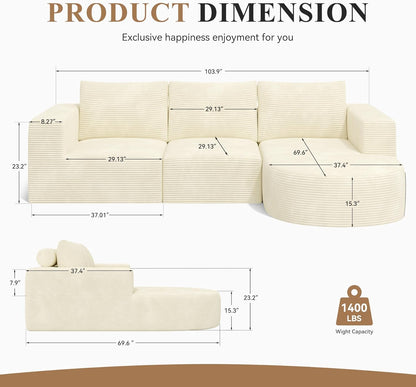 Modular Sectional Sofa with L-Shape Chaise,Cloud Sectional Modern Sleeper Couch with Deep Seat,Sponge Compression Sofas No Assembly Required(Beige-Corduroy Fabric) 1PCS