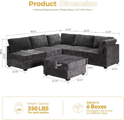 HOOOWOOO Modular Sectional Sofa,6 Pieces Sectional Couches for Living Room,98X98 L Shaped Cloud Couch with Ottoman Chaise Set(Grey Velvet Corduroy)