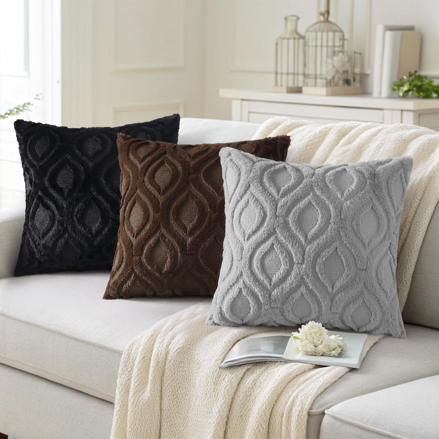 decorUhome Fall Throw Pillow Covers 24x24 Inch Set of 2, Soft Plush Decorative Faux Fur Grey Solid Couch Pillow Covers, Accent Farmhouse Neutral Square Euro Pillow Cases for Sofa Bed Living Room