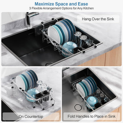 GSlife Expandable in Sink Small Dish Drying Rack - Stainless Steel Capacity Adjustable Over The Sink Dish Rack with Utensil Holder, 11.9“-16.7” L x 9" W x 5.7" H, Silver