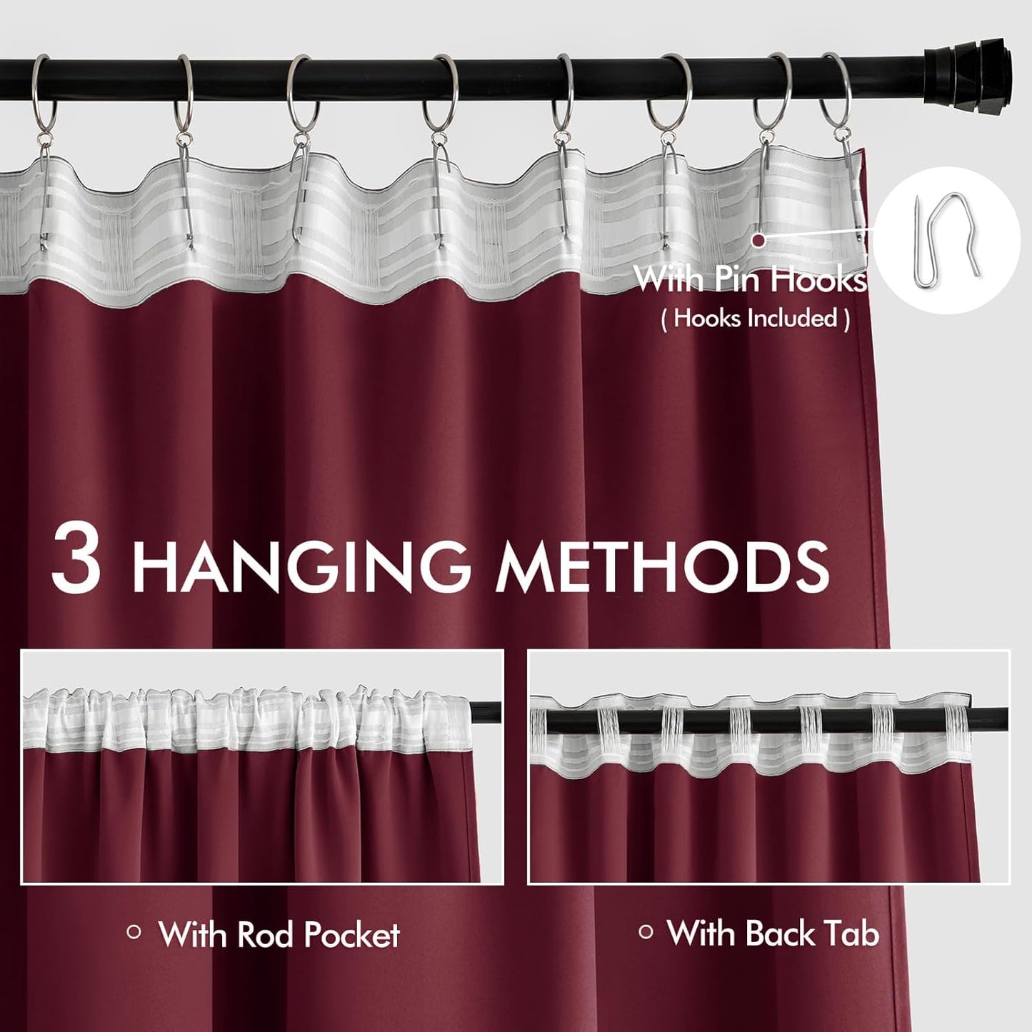 MIULEE Wine Red Back Tab Blackout Curtains 108 Inch Long 2 Panels Set for Bedroom, Rod Pocket/Pinch Pleat Extra Long Thermal Insulated Living Room Darkening Pleated Light Blocking Drapes