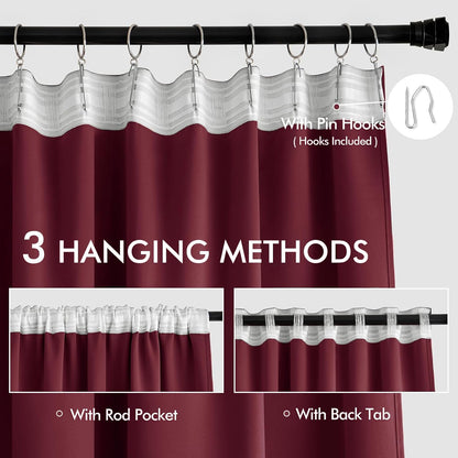 MIULEE Wine Red Back Tab Blackout Curtains 102 Inch Long 2 Panels Set for Bedroom, Rod Pocket/Pinch Pleated Thermal Insulated Living Room Darkening Light Blocking Floor to Ceiling Drapes