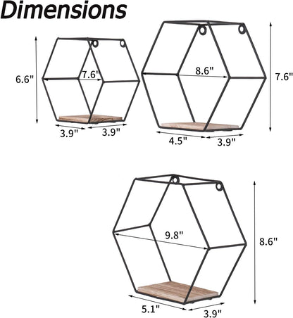 DRNCURN Hexagon Floating Shelves Wall Decor, Black Metal Wire and Wood Wall Mounted Storage Set of 3, Wall Mounted Wood Shelf for Bedroom, Living Room, Bathroom, Kitchen, Picture Ledge Shelf