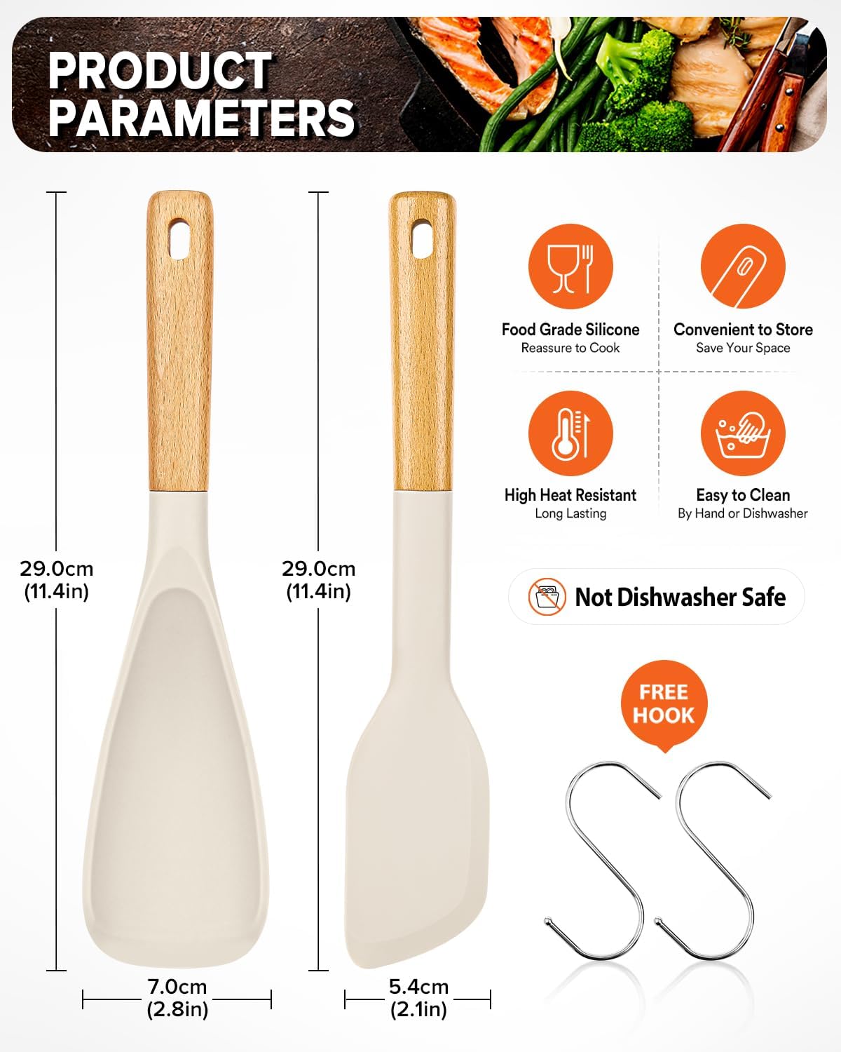 Cooking Spoon and Scraper for Nonstick Cookwares, Great for Cooking and Serving Durable BPA-Free Matte Silicone, Wood Handle Multifunction Spoon for Mixing, Scoop, and Scrape (KHAKI)
