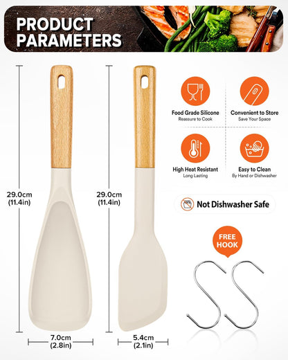 Cooking Spoon and Scraper for Nonstick Cookwares, Great for Cooking and Serving Durable BPA-Free Matte Silicone, Wood Handle Multifunction Spoon for Mixing, Scoop, and Scrape (KHAKI)