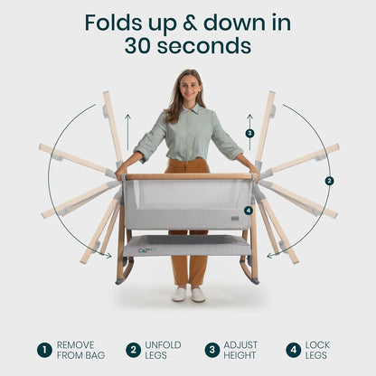 CoZee® Air Baby Bassinet & Bedside Sleeper - Rocking Bassinet for Baby, Fast-Folding with Travel Bag, Deluxe Airflow Mattress & 6 Mattress Heights, 0-6 Months (Silver & Oak)