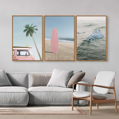 Tinonedraw Large Ocean Beach Framed Canvas Wall Art, Summer Coastal Surfboard Wall Decor, Palm Tree Pink Car Artwork, Modern Surfing Seascape Art Prints for Living Room Bedroom Office 24"x36"x3