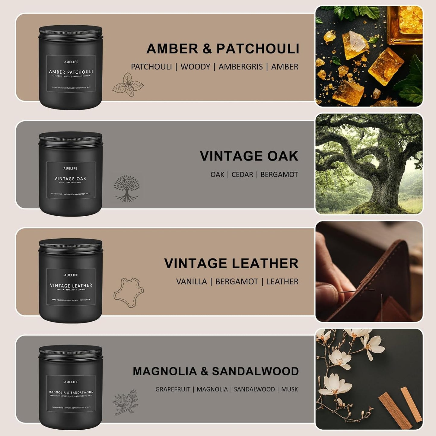 Scented Candles Set | Candle for Men, Soy Candles for Home Scented, Gifts for Men - Mens Gifts, 4 Pack Candle Gift for Dad Fathers Day (Leather/Vintage Oak/Amber Patchouli/Magnolia & Sandalwood)